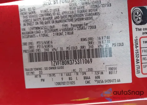 2007 Ford Mustang V6 Deluxe/V6 Premium z USA, uszkodzony, nr VIN 1ZVFT80N375311069